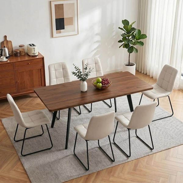 7-Piece White MDF Top Bar Table Set Walnut Rectangular Dining Room Set, Seats 6