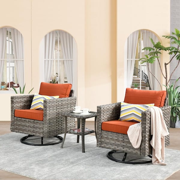 Isabella Gray 3-Piece Wicker Outdoor Rocking Chair Set with Orange Red Cushions