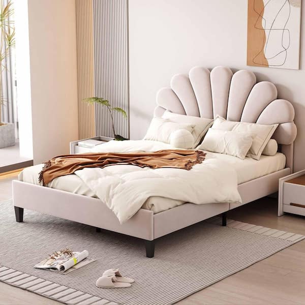 Beige Wood Frame Full Upholstered Platform Bed with Flower Pattern Velvet Headboard