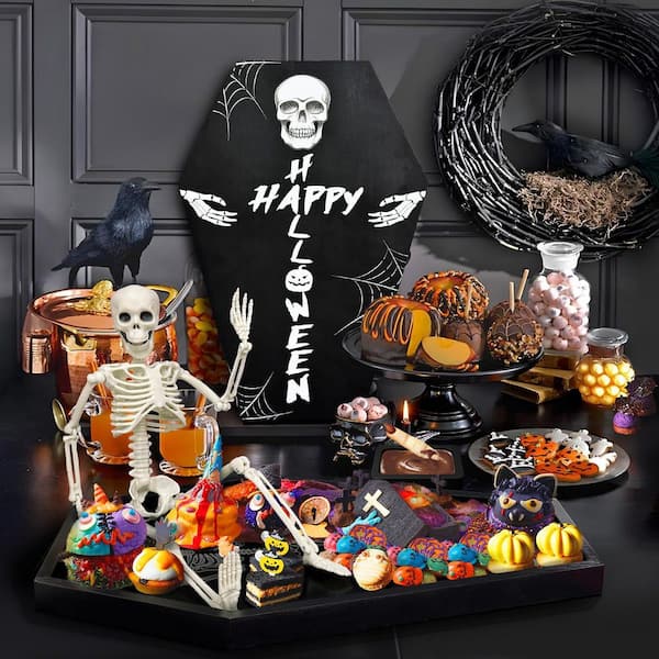 16 oz. Glass Wooden Halloween Coffin Charcuterie Serving Board with Skeleton Figurine and Dipping Saucer, 15.74 in.