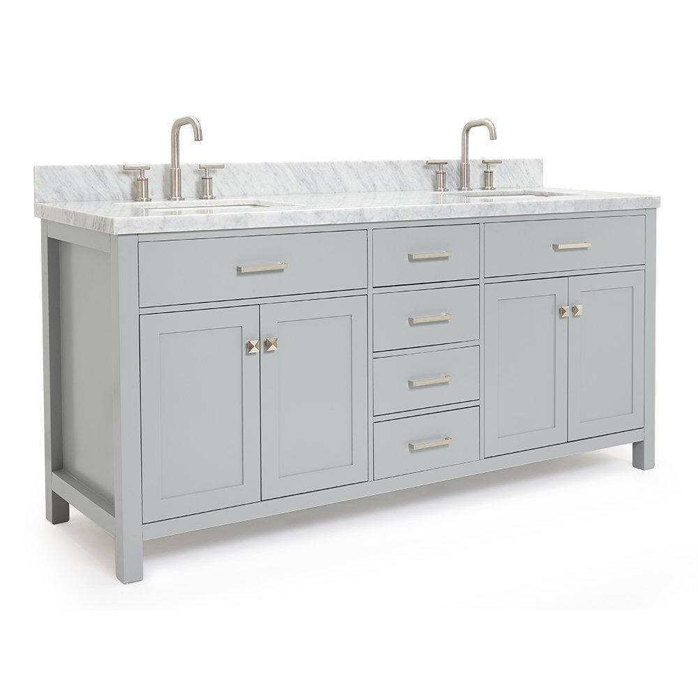 Grey Double Freestanding Vanity with White Marble Top