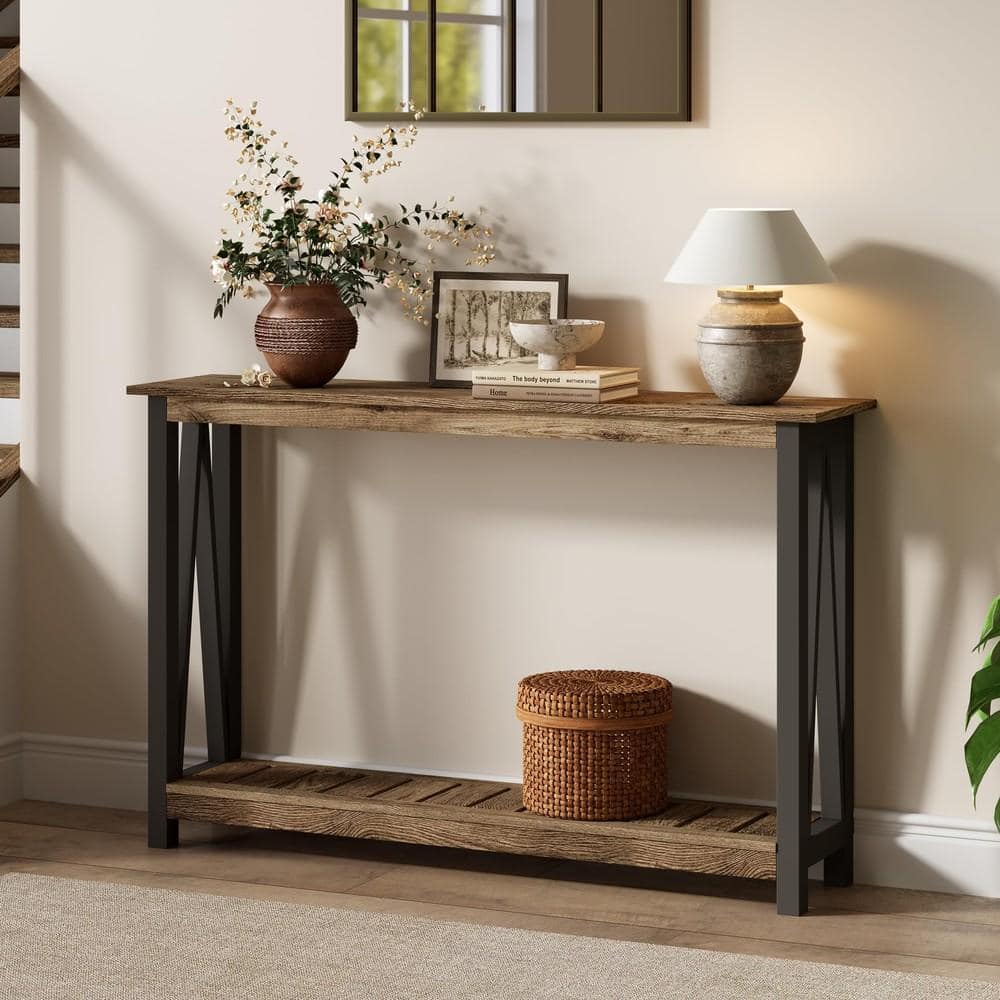 40 in. W Oak and Black Farmhouse Wood Console Table for Entryway