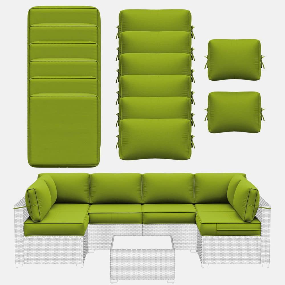 14-Piece 5 in. Outdoor Patio Cushions Water-Resistant Replacement Cushions for 6-Seat Rattan Sectional Sofa Grass Green
