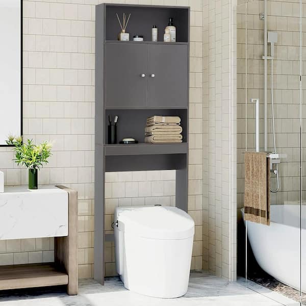 Cubilan 24.8 in. W x 63.7 in. H x 9.4 in. D Gray Bathroom Over-the-Toilet Storage with 3-Tier Shelves and 4-Hooks