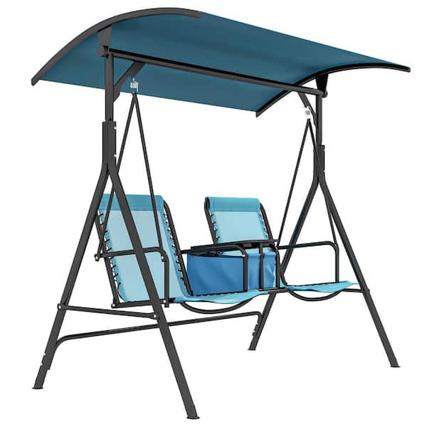 Tatayosi Blue 2-Person Steel Patio Swing Chair, Outdoor Swing Glider with Pivot Storage Table, Cup Holder, Adjustable Shade