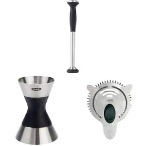 9 in. 3-Piece Silver Stainless Steel Cocktail Set with Nylon Head, Non-Slip Grip and Double Jigger