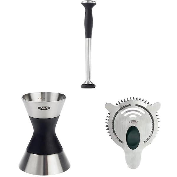 Adrinfly 9 in. 3-Piece Silver Stainless Steel Cocktail Set with Nylon Head, Non-Slip Grip and Double Jigger