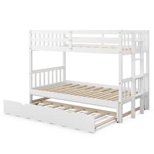 White Twin Over Twin Pull-Out Bunk Bed with Trundle Wooden Ladder