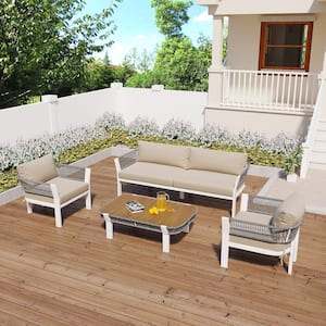 4-Piece Metal and Gray PP Rope Outdoor Patio Conversation Set with Beige Cushions and Coffee Table