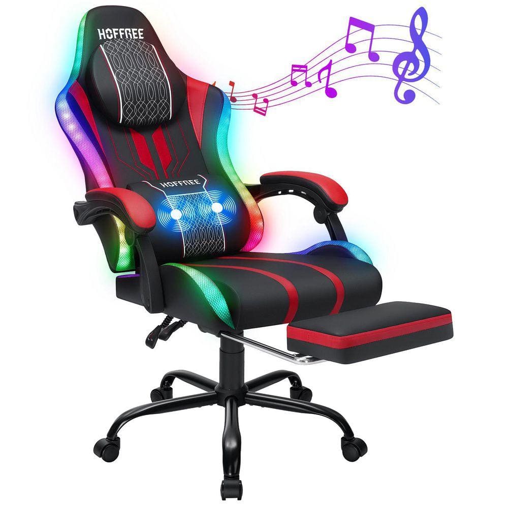 Big and Tall Faux Leather Led Gaming Chair with Speakers and Massage Ergonomic Game Chair in Black&Red with Footrest