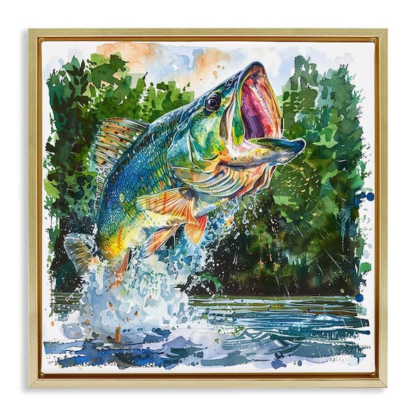 Stupell Industries Splashing Bass Fish by LSR Design Studio Gold Floater Frame Animal Graphic Art Print 25 in. x 25 in.
