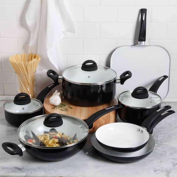 Oster Herstal Aluminum Cookware Set with Ceramic Non-Stick and Soft Touch  Bakelite Handle with Tempered Glass Lids, 11-Piece, Black w/White Interior