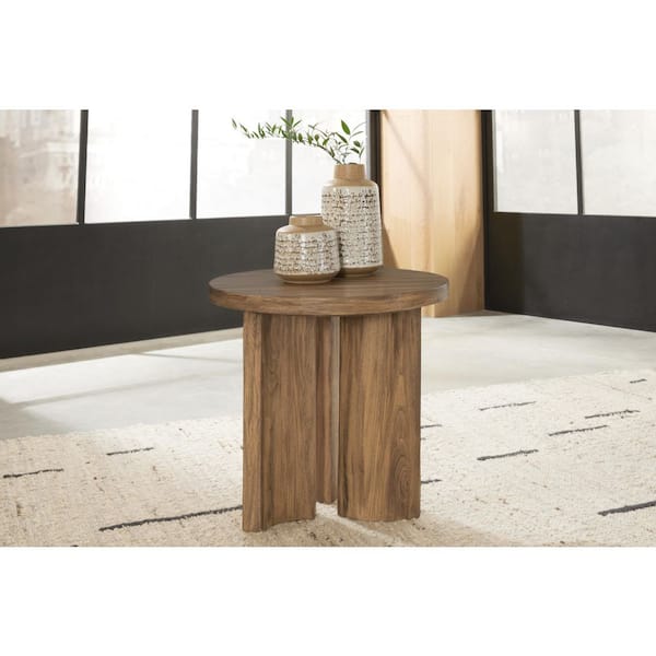 Signature DESIGN BY ASHLEY Austanny 24 in. Brown Round Wood End Table with Pedestal