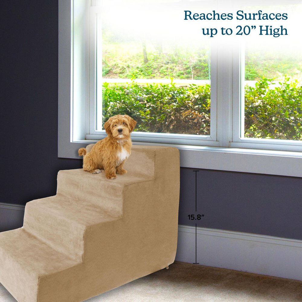 Tan 4-Step High-Density Foam Pet Stairs with Microfiber Cover