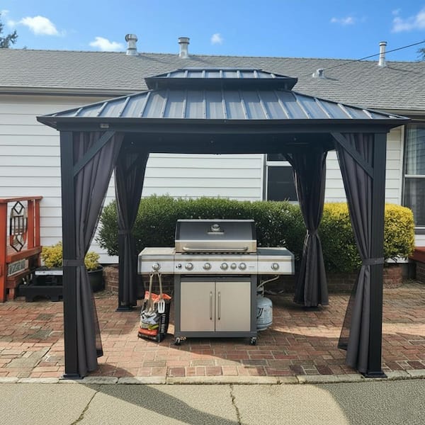 8 ft. x 10 ft. Gray Aluminum Hardtop Gazebo Canopy with Netting and Curtains