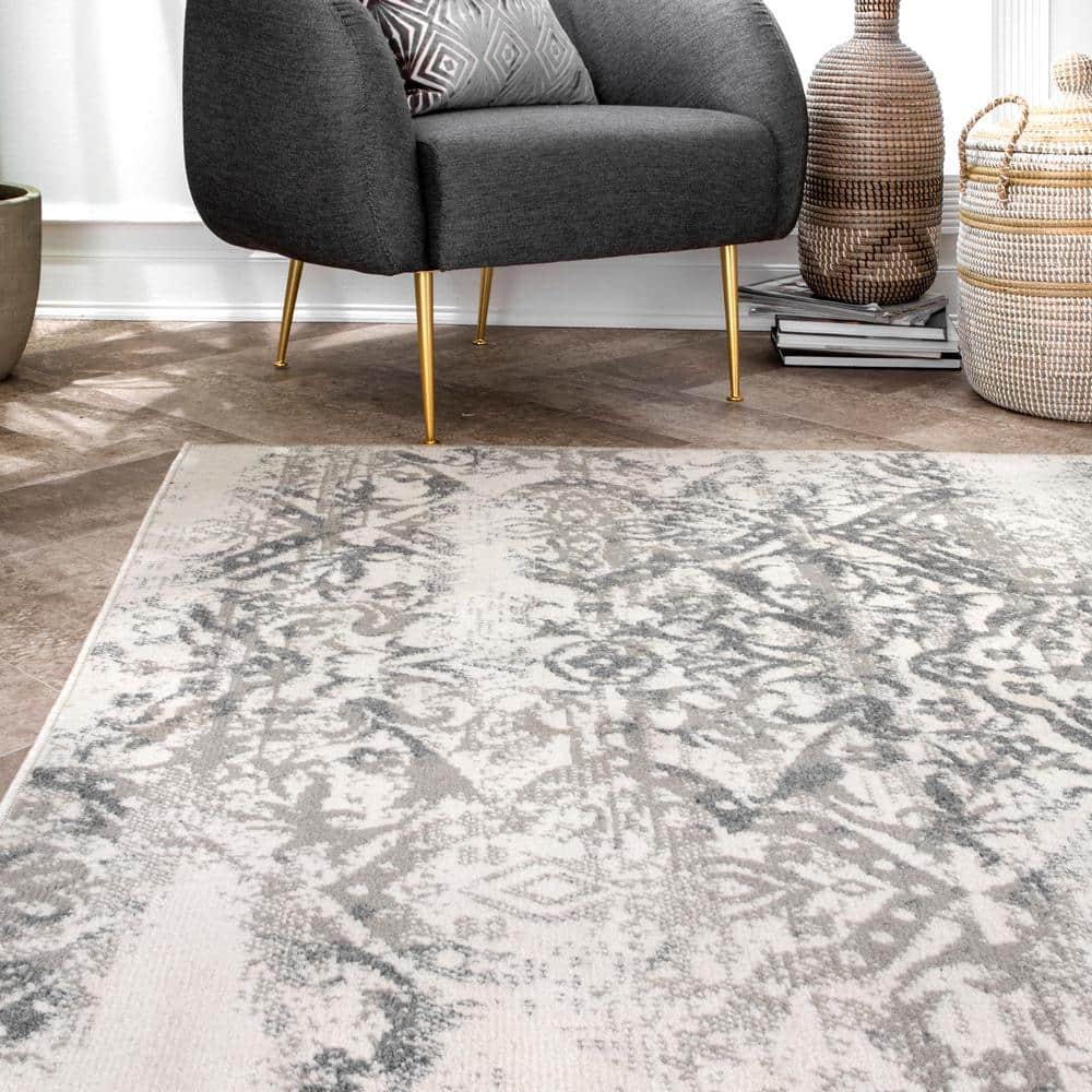 Gray Floral Synthetic Easy Care Rectangular Area Rug