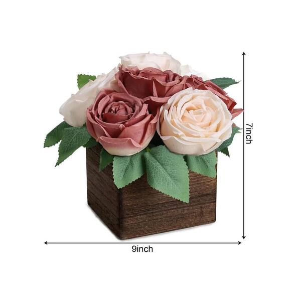 7 in. Pink Indoor Artificial Rose Flowers in Wood Vase 6 Pack