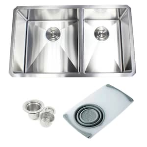 Undermount 16-Gauge Stainless Steel 32x19x10 in. 60/40 Double Bowl Kitchen Sink w/ Cutting Board Colander and Strainer