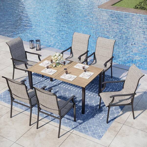 PHI VILLA Black 7-Piece Metal Outdoor Patio Dining Set with Wood-Look Rectangle Table and Padded Textilene Chairs