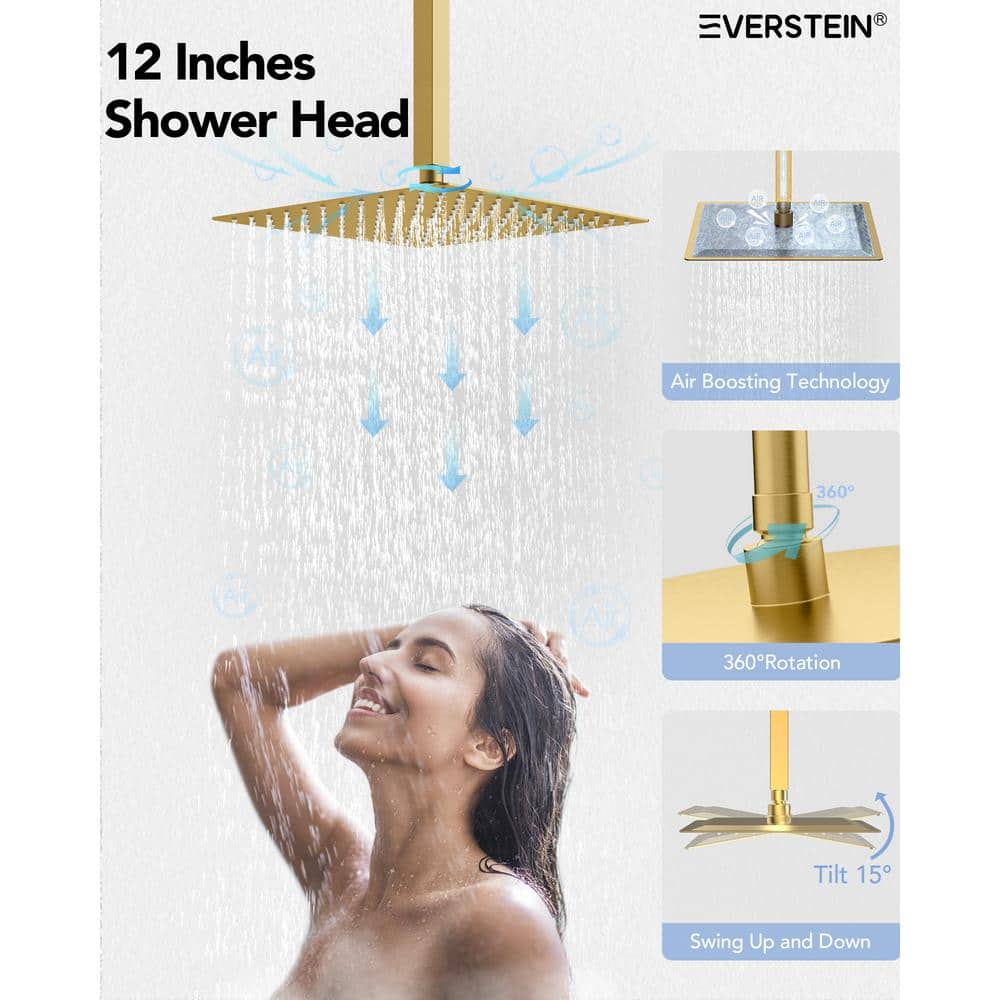 Brushed Gold Thermostatic Dual Showerhead System with Handheld Spray