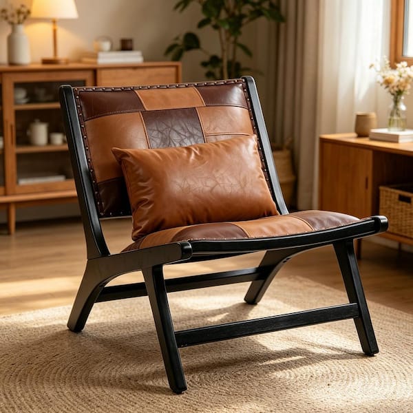 Boho Compact Accent Chair Antique Brown Faux Leather Upholstered Side Chair