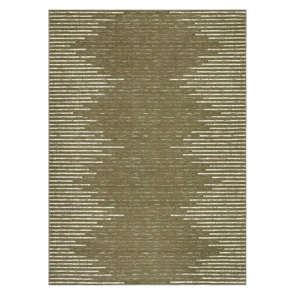 Washable Camel 9 ft. x 12 ft. Modern Striped Printed Rug Low Pile Soft Thin Carpet Stain Resistant Non-Slip, Area Rug