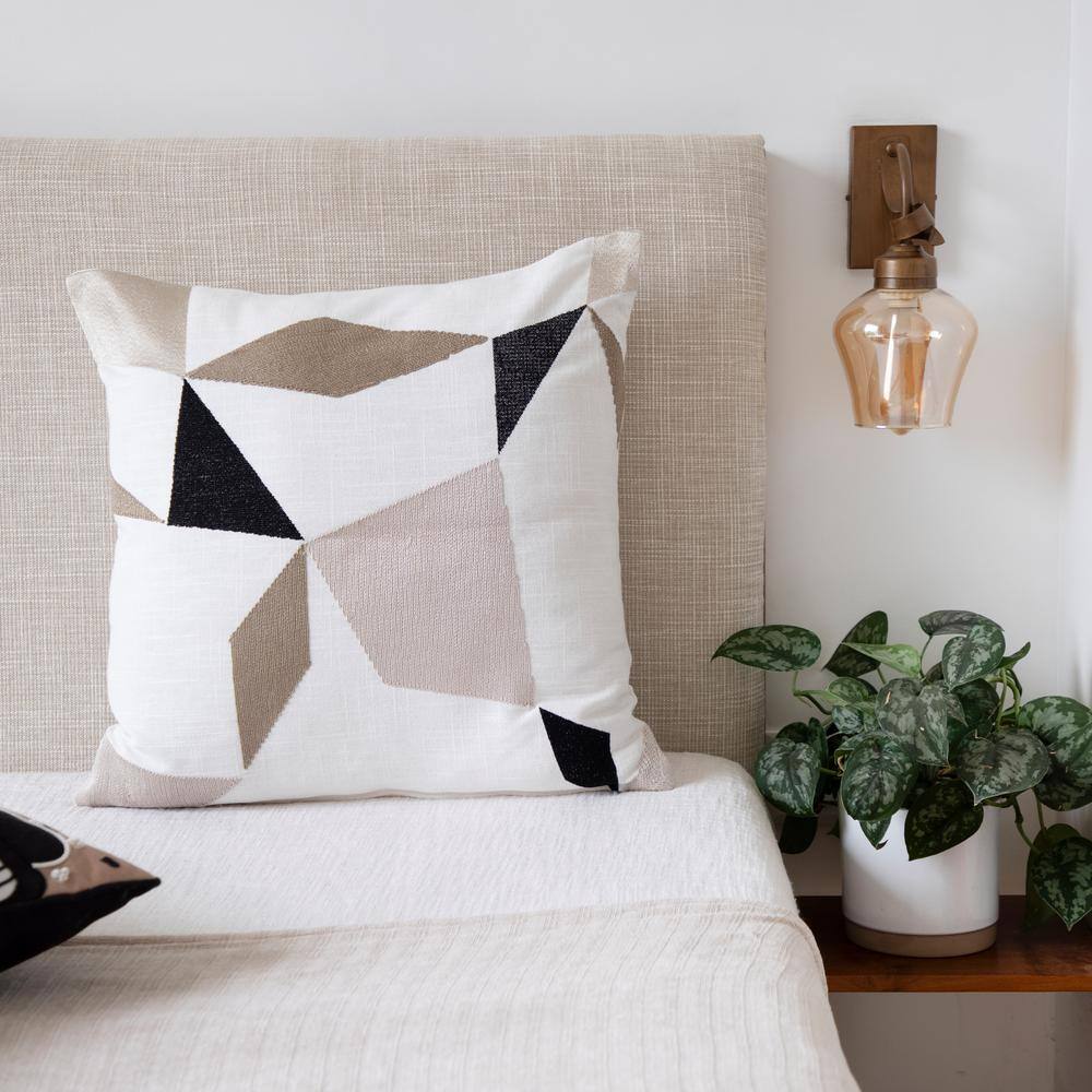 Ivory and Tan Geometric Embroidered Cotton Blend Throw Pillow