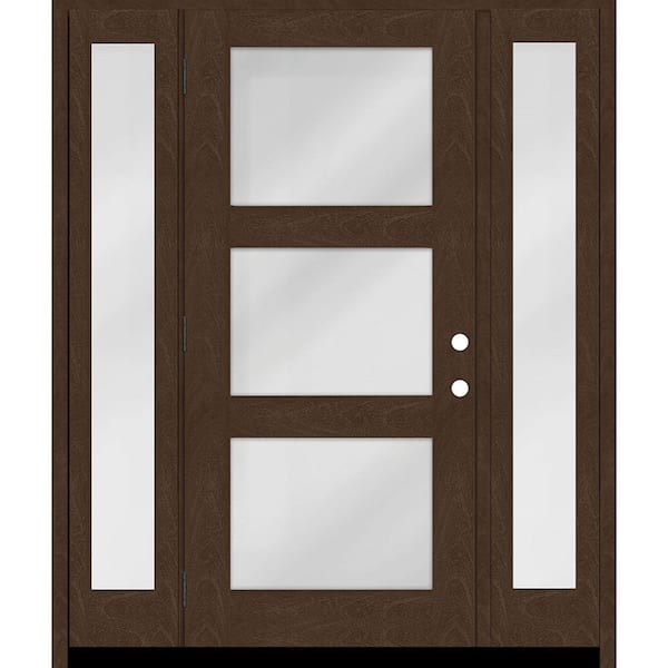 Steves & Sons Regency 64 in. x 80 in. Modern 3-Lite Clear Glass RHOS Hickory Mahogany Fiberglass Prehung Front Door w/Dbl 12 in. SL