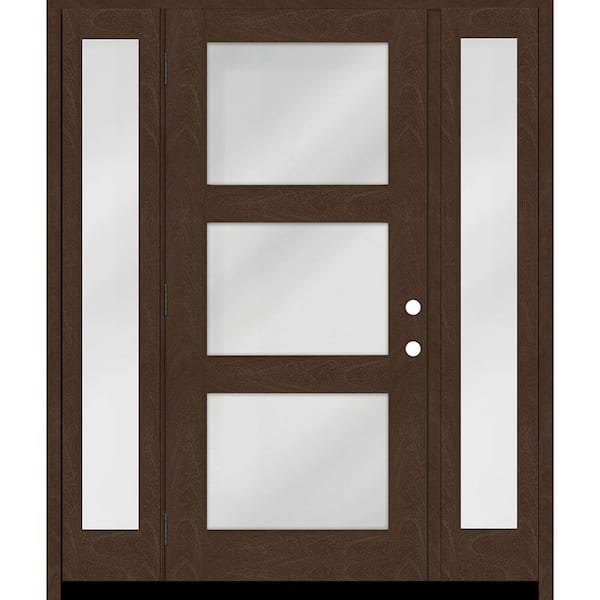 Steves & Sons Regency 64" x 80" Modern 3 Lite Equal Clear Glass RHOS Hickory Mahogany Fiberglass Prehung Front Door w/Dbl 12 in. SL