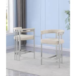 Riley 30 in. Cream Color Low Back Metal Frame Matte Brushed Chrome Base Bar Stool With Boucle Fabric Set of 2