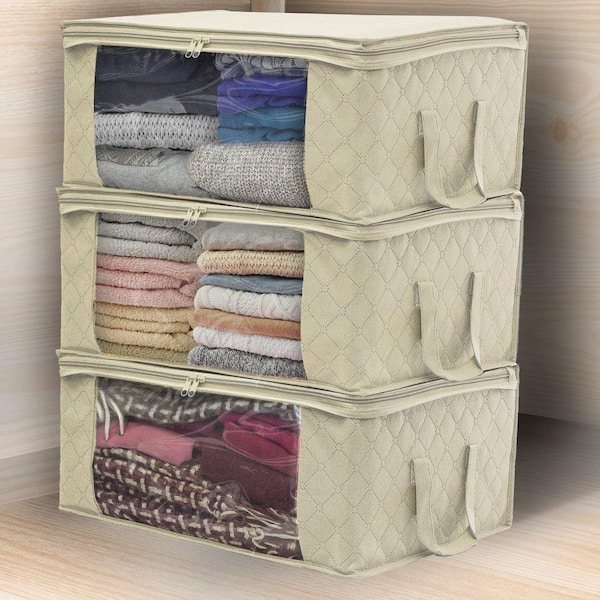 Foldable Storage Bag Organizers with Clear Window and Handles, Beige 19 in. x 7.5 in. Fabric Decorative Box (Set of 3)