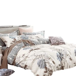 3-Piece Cream and Blue Gray Knot Daisy Silhouette Cotton Queen Duvet Cover Set
