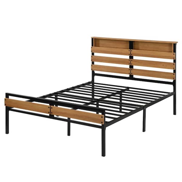 Black Metal Platform Bed Frame, Full Size Bed Frame And Headboard With Storage