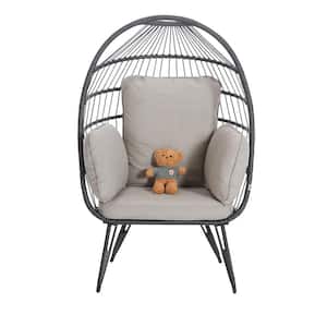 37 in. W Egg Chair Wicker Outdoor Indoor Oversized Large Lounger with Beige Stand Cushion