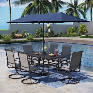 Black 8-Piece Metal Rectangle Patio Outdoor Dining Set with Table, Umbrella and Textilene Swivel Chairs