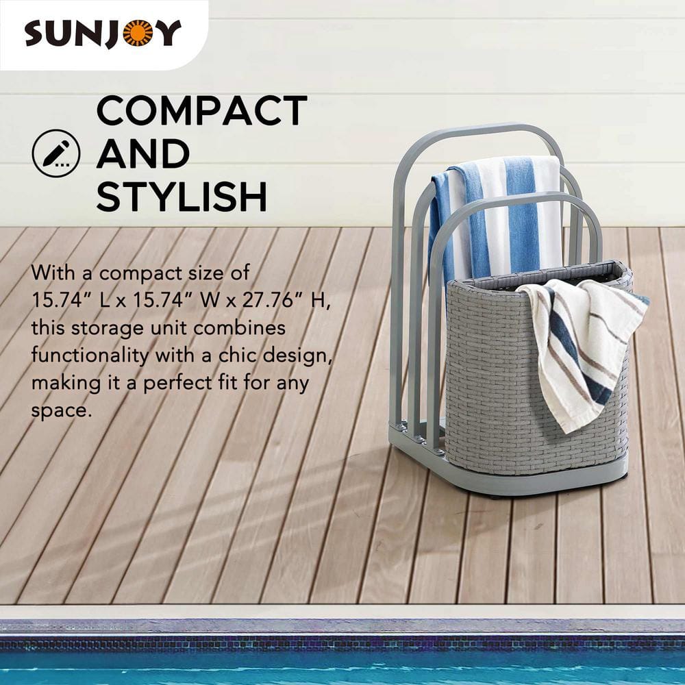 Gray Aluminum and Wicker Poolside Towel Rack with Storage Basket