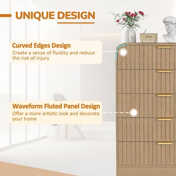 Wood Color 5-Drawer 31.5 in. W MDF Rounded Corner Dressers Chest of Drawers with Metal Handles