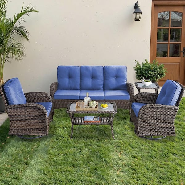 Brown 5-Piece Wicker Patio Conversation Set with Swivel Rockers, Outdoor Sofa Seating Set with Blue Cushions