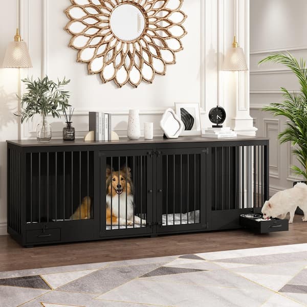 FUFU&GAGA Wooden Large Dog Crate with Dog Feeding Area, XL Black Furniture Style Dog House with Removable Irons for 2 Medium Dogs