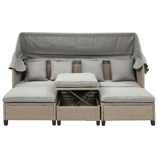 ITOPFOX 4-Piece Wood Outdoor Chaise Lounge with Retractable Canopy and Lifting Table with Gray Cushions