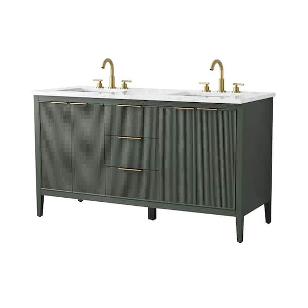 Emma 60 in. W Bath Vanity in Vintage Green with Engineered Stone Top in Arabescato with White Sinks