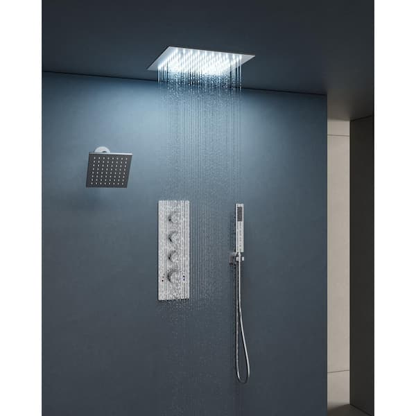 Thermostatic 7-Spray 12 and 6 in. Square Ceiling Mount LED Mood Lighting Shower System with Valve in Brushed Nickel