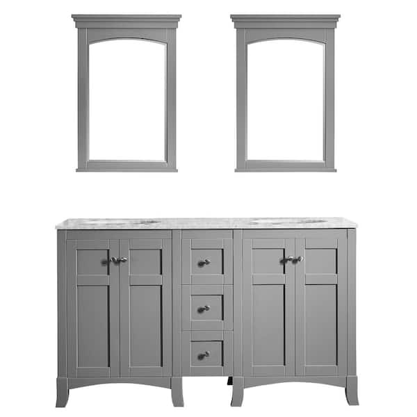Vinnova Arezzo 60 in. W x 22 in. D x 36 in. H Vanity in Grey with Marble Vanity Top in Carrara White with White Basin and Mirror