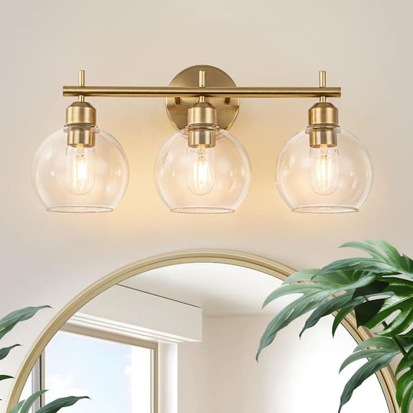 TinHon 20 in.Modern 3-Light Gold Vanity Light with Clear Globe Glass Shades, Bathroom Wall Light Fixture Over Mirror for Vanity