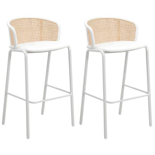 Leisuremod Ervilla Modern Wicker Bar Stool with Fabric Seat and White Powder Coated Steel Frame, Set of 2 (White)