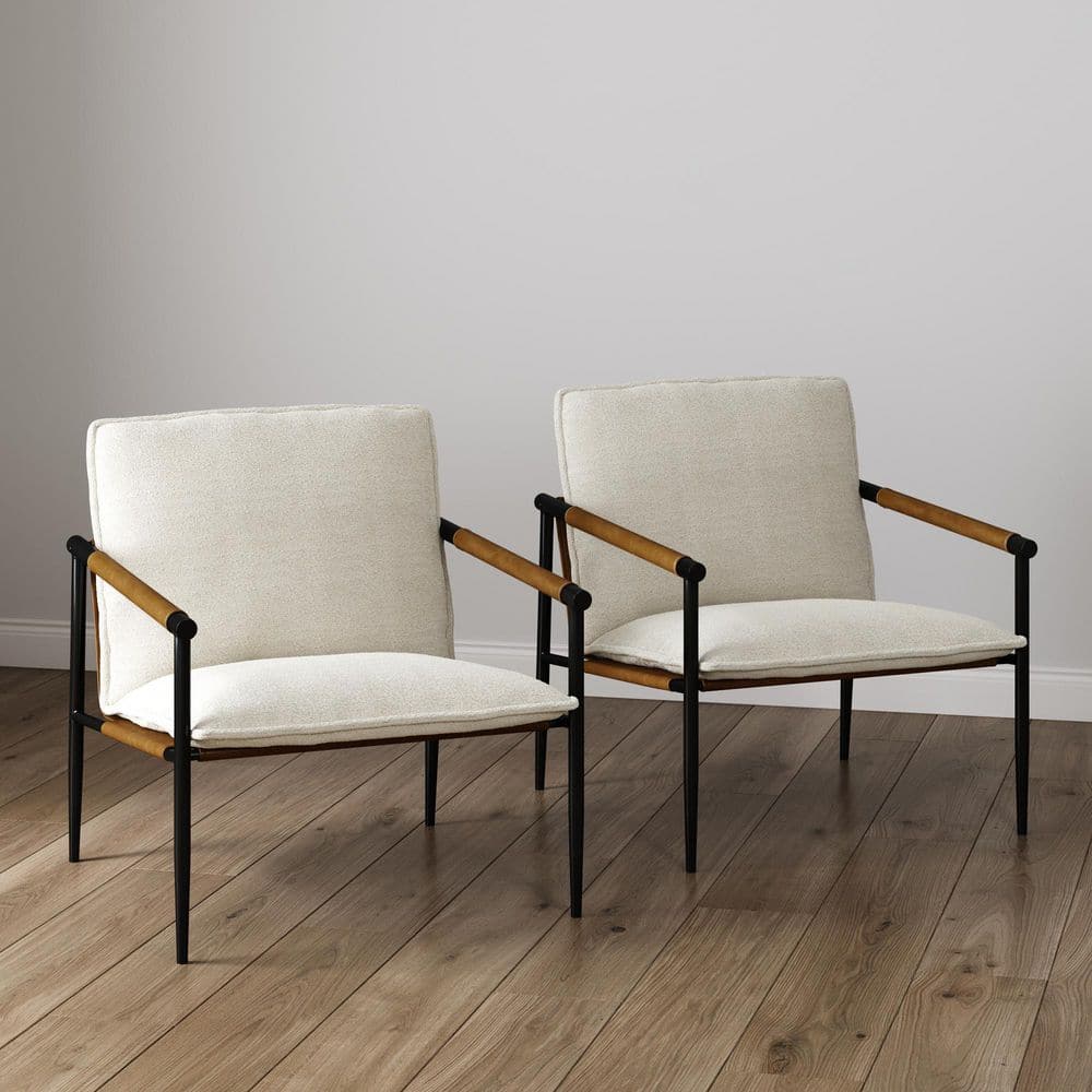Omel Cream Boucle Arm Chair Set of 2 w/ Matte Black Metal Frame, Foam Cushion and Italian Berkshire Faux Leather Accent