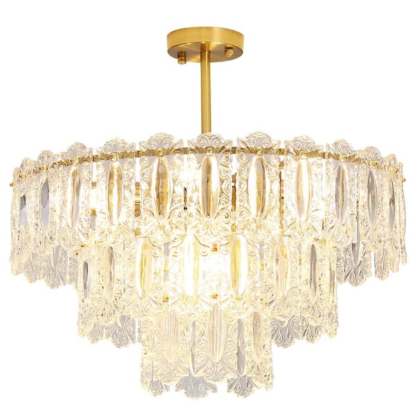 Depuley 9-Light Modern Crystal Chandelier, 3-Tier Gold Semi Flush Mount Ceiling Light, Bulbs Included