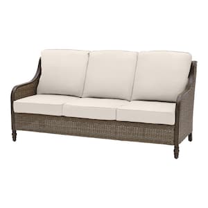 Windsor Brown Wicker Outdoor Patio Sofa with CushionGuard Almond Tan Cushions