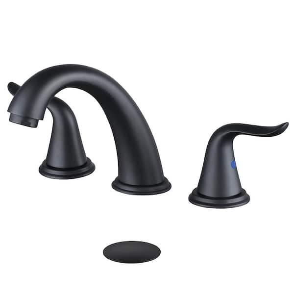 WOWOW 8 in. Widespread Double Handle Bathroom Faucet with Drain Kit in Matte Black