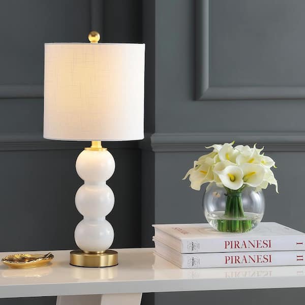 JONATHAN Y February 21 in. White/Brass Gold Glass/Metal LED Table Lamp